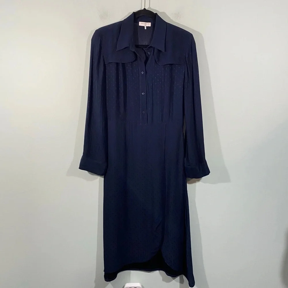 Sandro Paris Navy Swiss Dot Pleated Midi Shirt Dress Scallop Yoke 12 - Picture 8 of 15